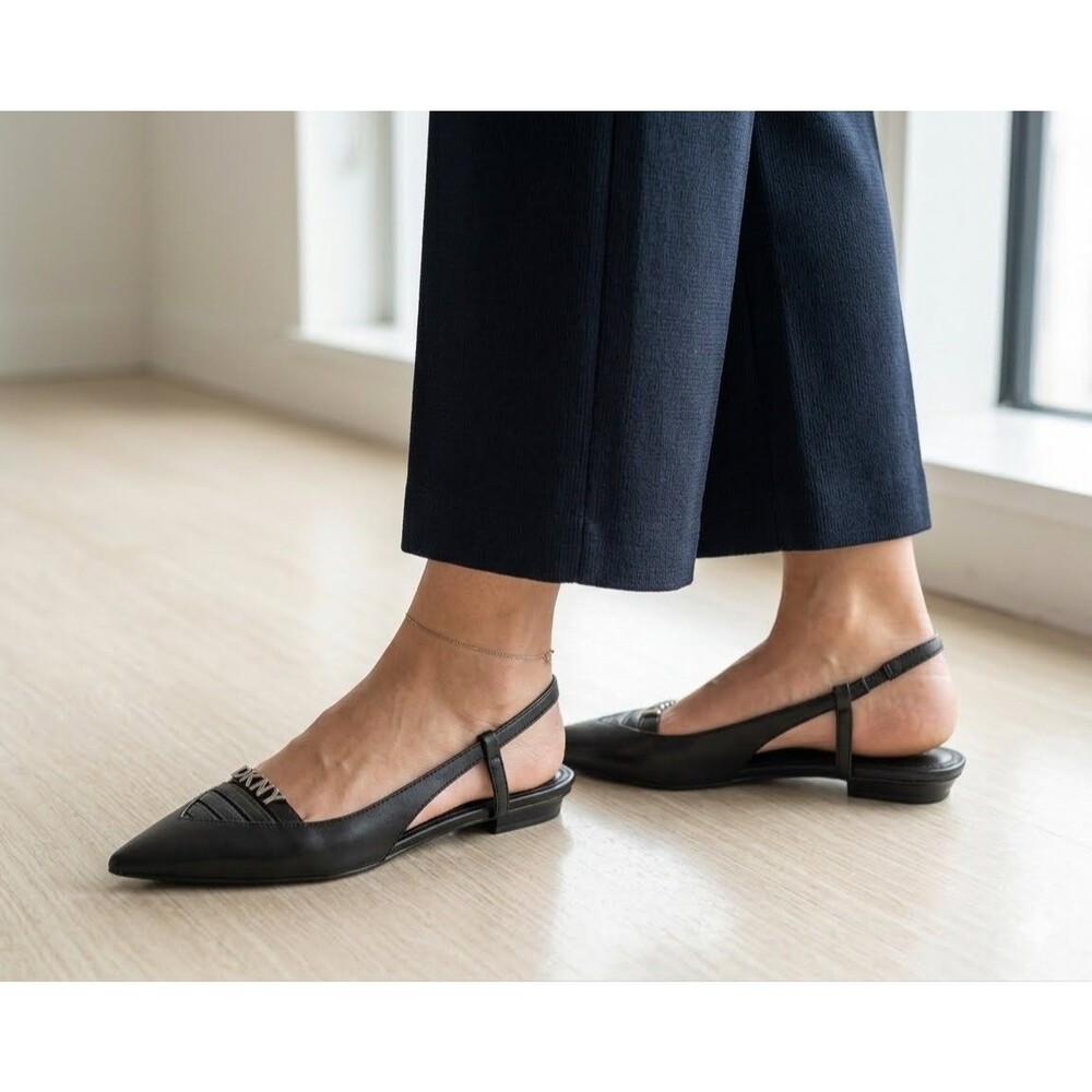 DKNY Women’s Office Black Leather Slingback Pointed Toe Block Heel Straps 8.5B